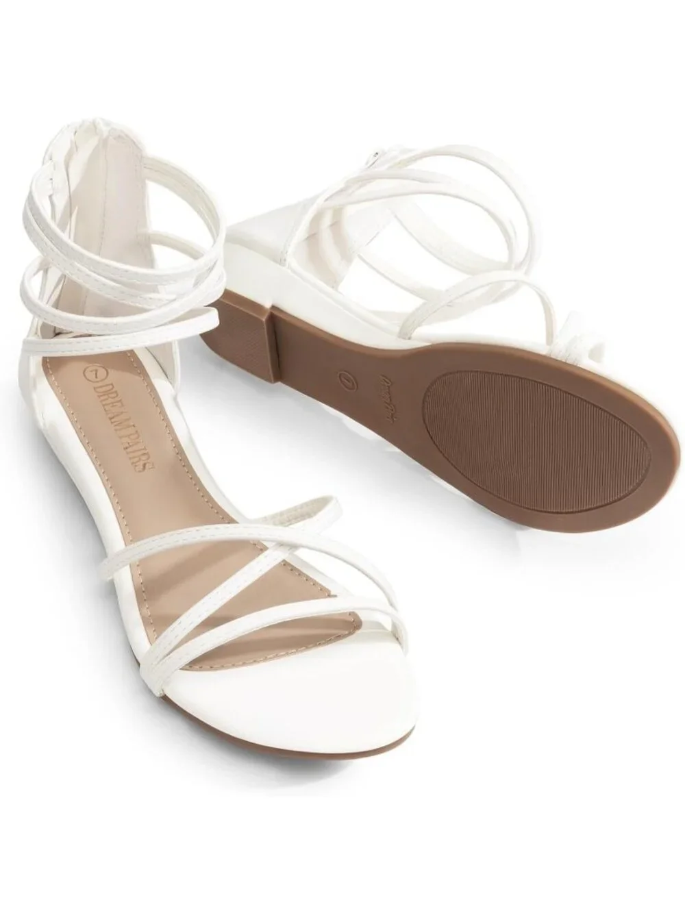 Women's White Pu Gladiator Flat Sandals Ankle Strap Comfortable Zip